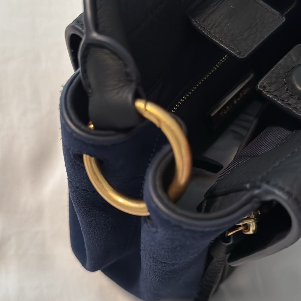 Tory Burch Half Moon Petite Mixed Material Satchel. Blue and Black. - Picture 9 of 13